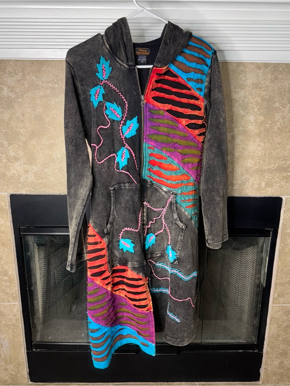 Rising International Hoodie Duster Jacket Med Patchwork Embroidered Boho Hippie